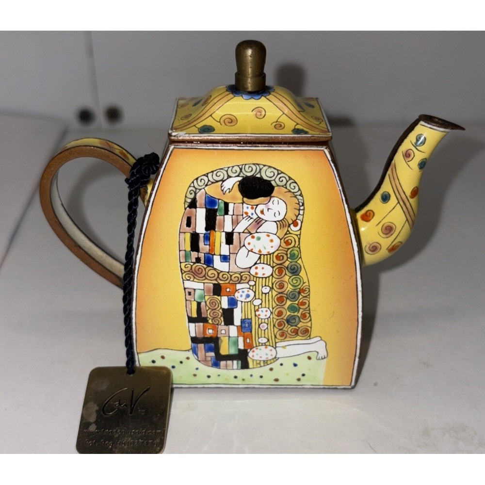 Vintage Charlotte Di Vita Kiss Africa Teapot Hand Painted Metal Enamel Art Klimt